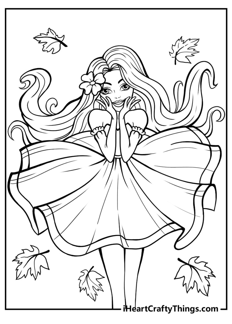 Coloring page of Barbie with wavy hair wearing a dress