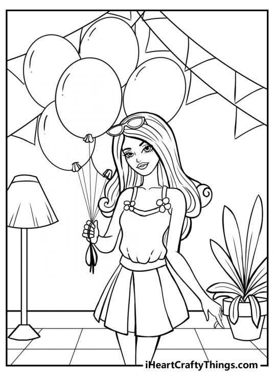 Barbie holding balloons in a party coloring sheet for kids