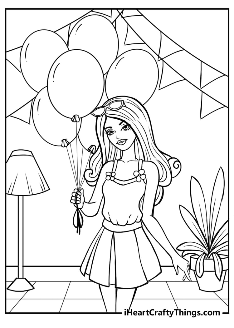 Barbie holding balloons in a party coloring sheet for kids