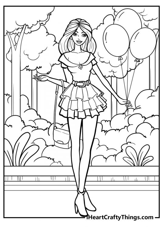 Barbie walking with balloons in a park coloring picture