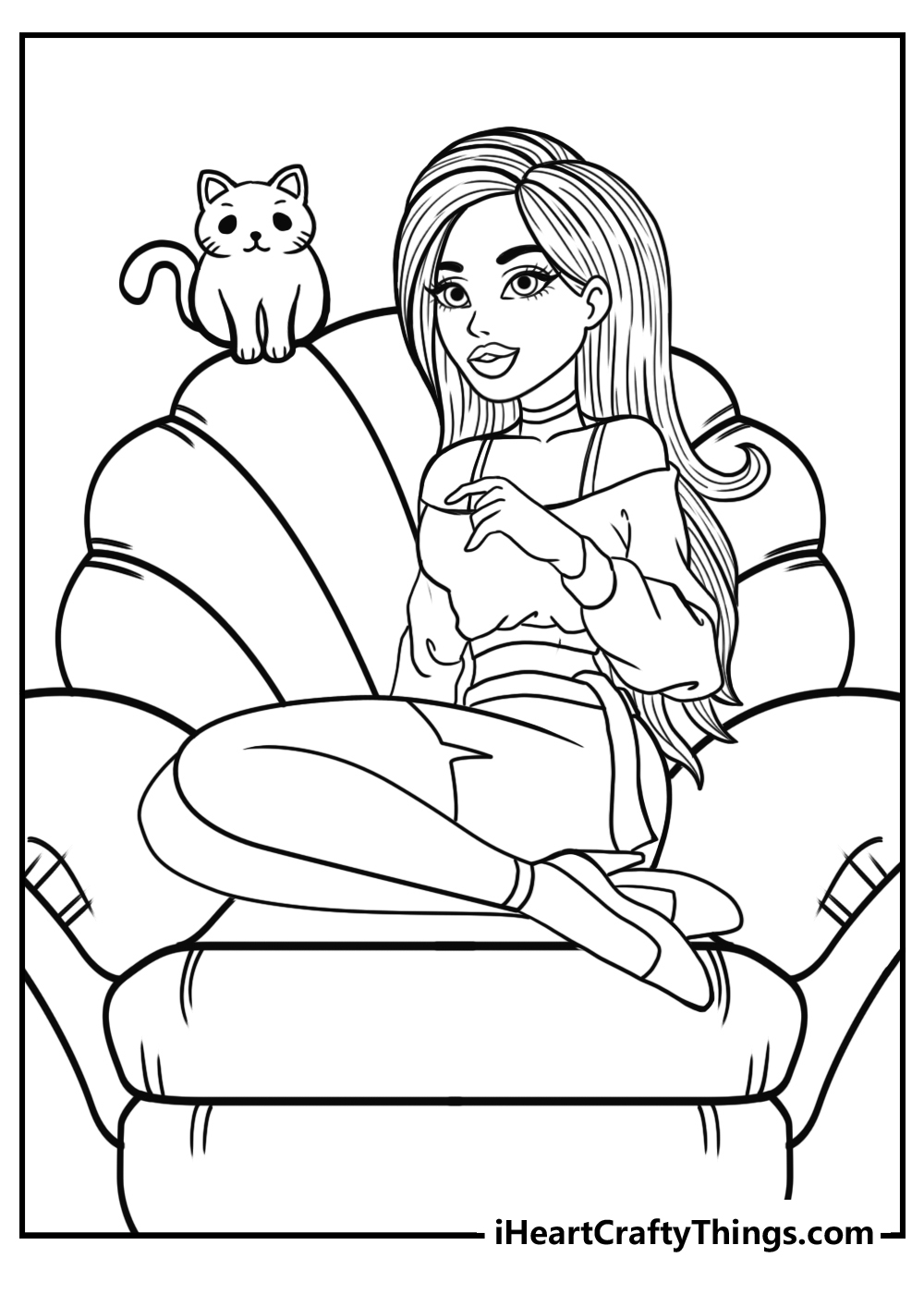 Kawaii Barbie sitting on a chair with a cat printable coloring page