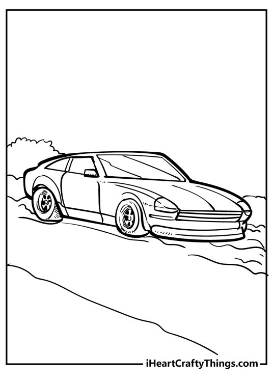 Free printable page presenting vintage car on a calm ride through the countryside
