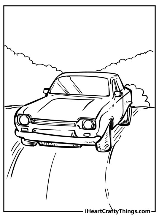 Car-themed coloring printable presenting small vintage design car driving across the open road