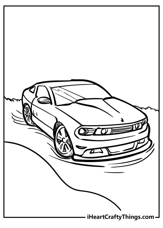Coloring page featuring car surrounded by some wavy lines showing that it is moving at high speed