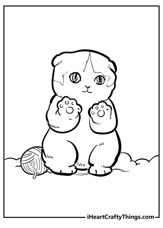 Coloring picture of a little cat with a ball of yarn on the side holding his paws up front