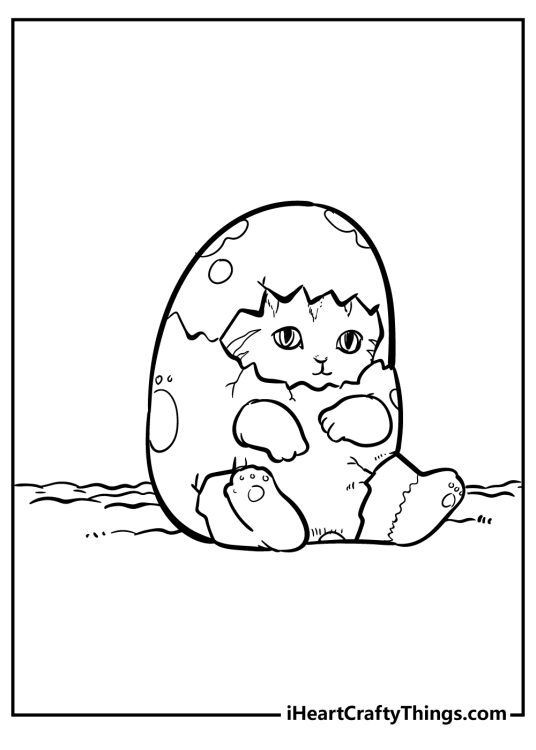 Adorable cat-themed coloring image for children featuring little kitten hatching from an egg