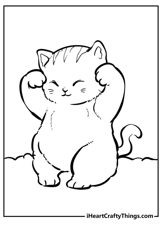 Coloring page for pre-schoolers featuring a cat that looks as if it has just woken up from a nap