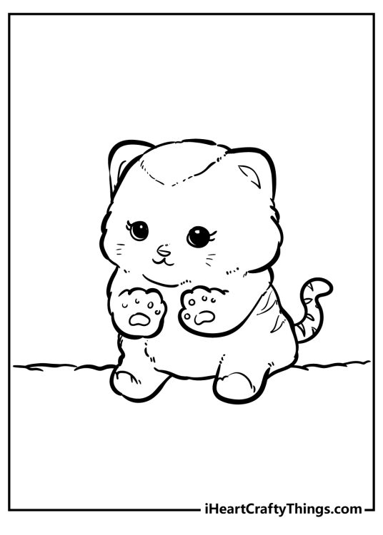 Printable coloring sheet for pre-schoolers presenting small and adorable cat with happy look on its face