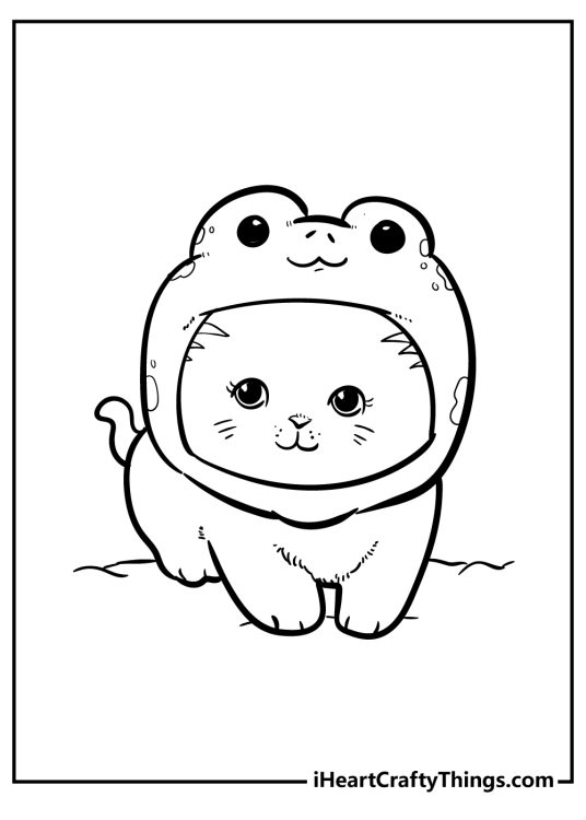 Cat-themed coloring image for kids featuring little kitty dressed up as a cute frog