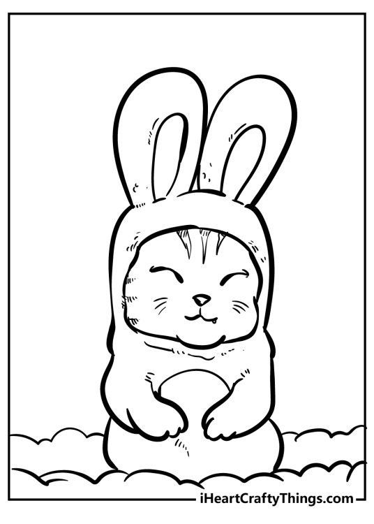 Cat-themed page to print and color depicting kitty dressed up as a little bunny rabbit