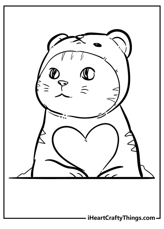Cat-themed printable featuring kitty dressed up as a teddy bear with a big heart on the chest