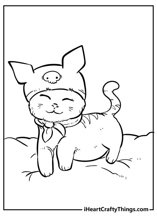 Coloring image for children featuring cat wearing a Kuromi’s bandana with a skull on it