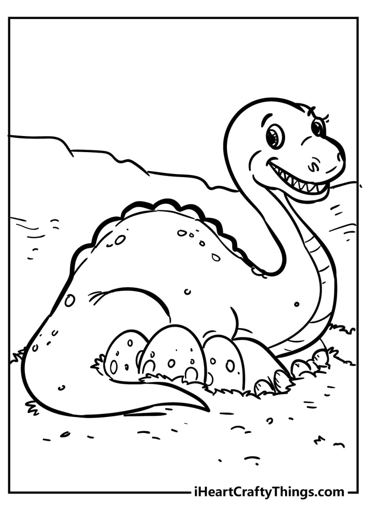 Baby dinosaur with eggs coloring page printable for kids