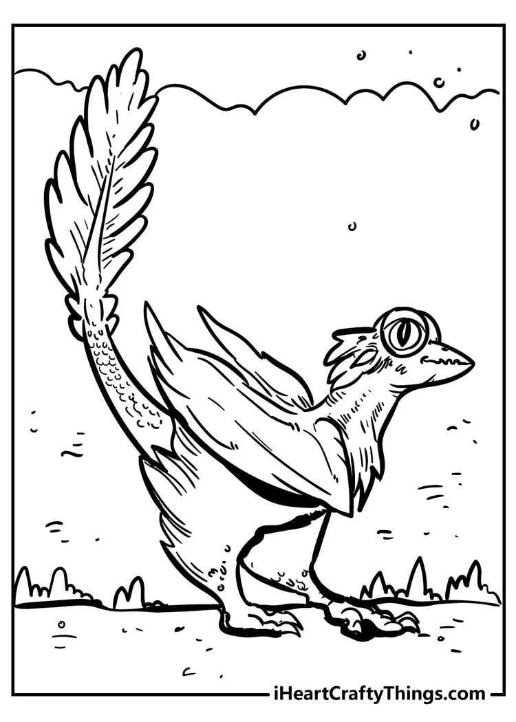 Feathered dinosaur coloring page to download and print