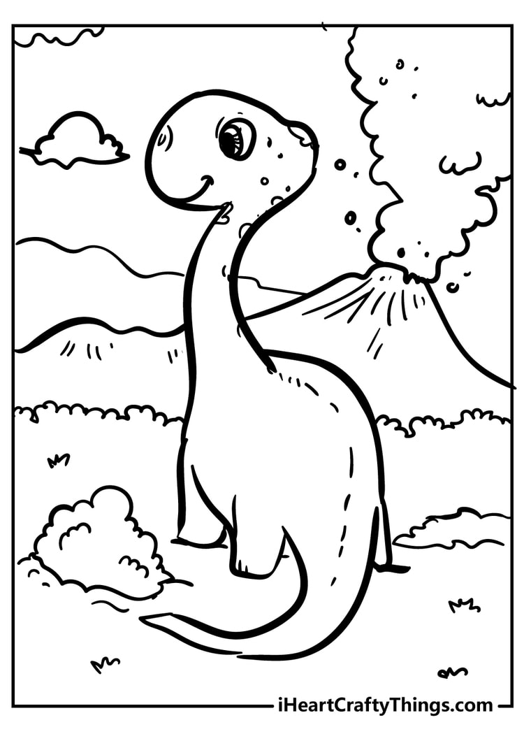 Dinosaur near a volcano coloring page free to print and download