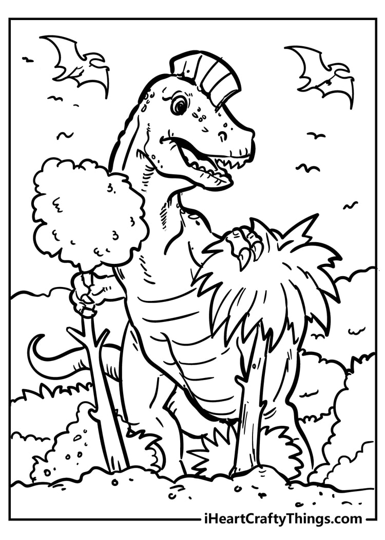 Big dinosaur standing near trees coloring sheet for preschool