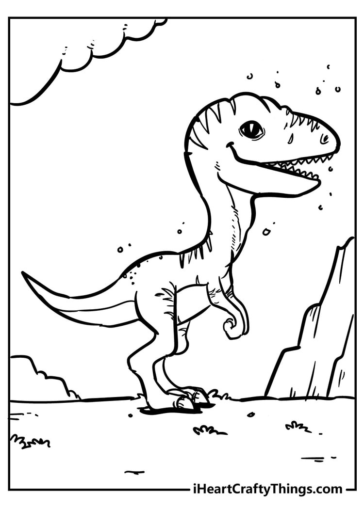 Smiling dinosaur in a prehistoric landscape printable coloring page for children