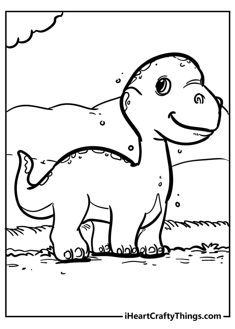 Cute dinosaur smiling on a grassy field free printable coloring page for preschool