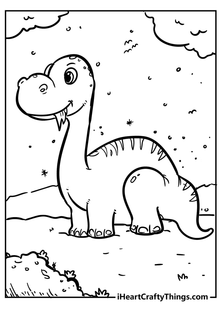 Dinosaur in a nighttime scene printable coloring page for kids