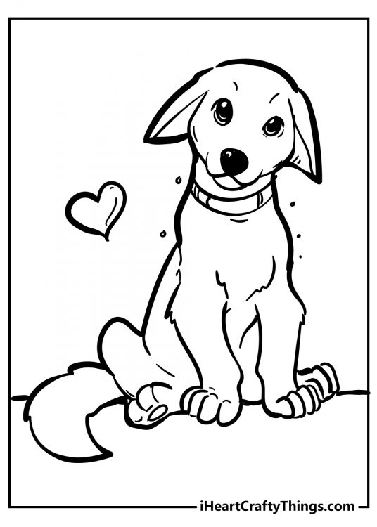Printable image for children presenting sweet sitting dog with a heart on his right side