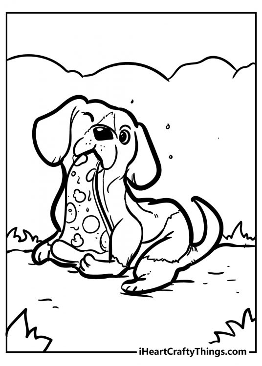 Printable coloring sheet for kids depicting a happy dog chewing a piece of pizza