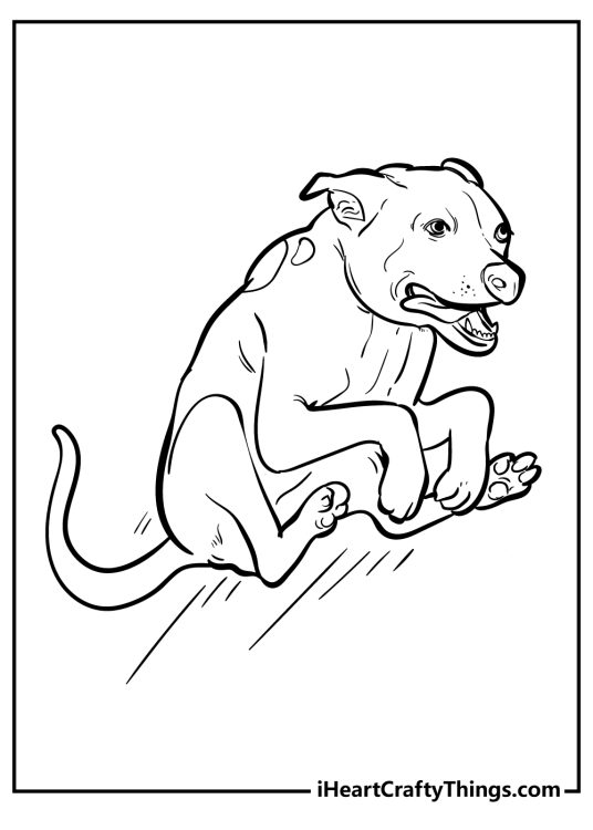 Printable black-and-white drawing depicting a playful dog jumping over something