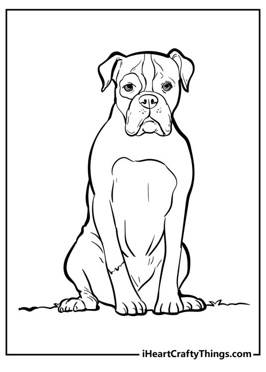 Printable coloring page presenting a big dog sitting with a very serious face expression