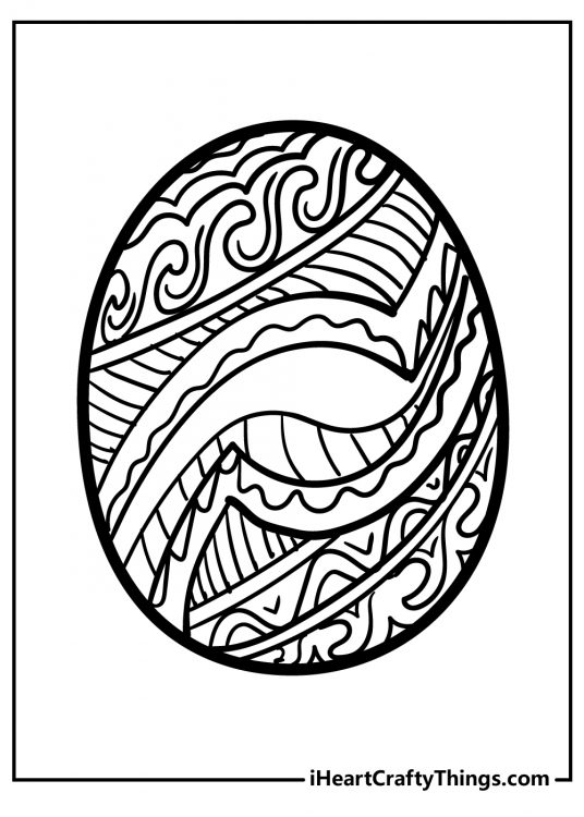 Picture of an Easter Egg decorated with intricate waves and lines swirling around a blank spot in the middle