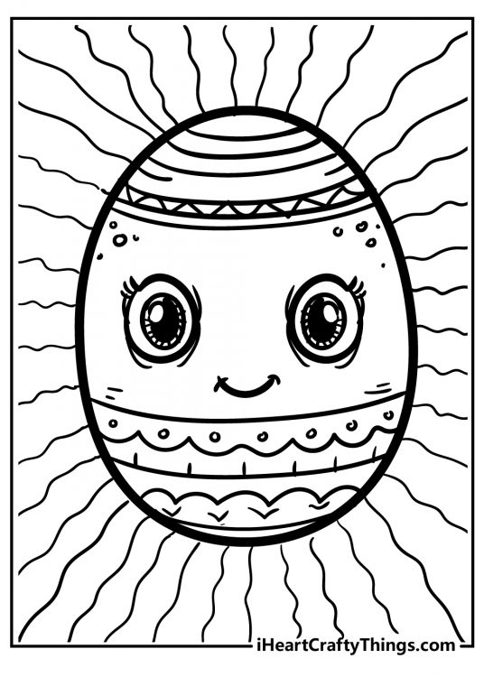 Printable image of a cute Easter egg with a face in the middle and various stripes and zigzags around it