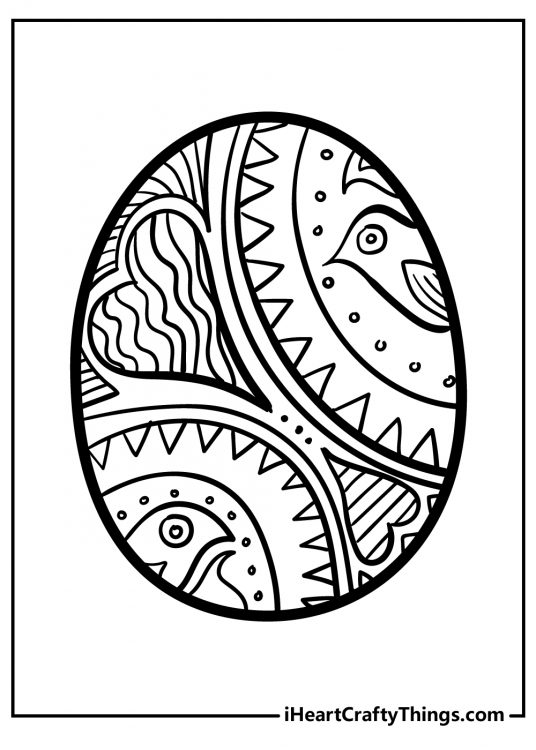 Printable picture featuring unique Easter Egg decorated with heart-shaped designs and birds