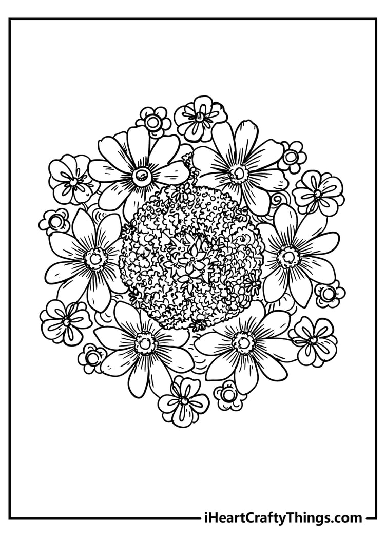 Intricate floral mandala with various flowers coloring sheet