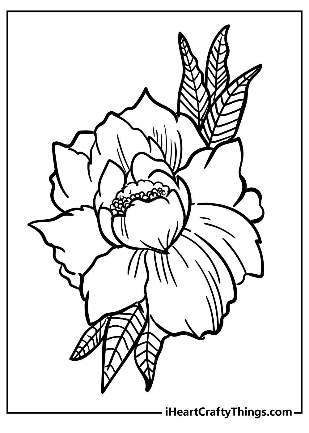 Detailed flower coloring page with a large peony and leaves