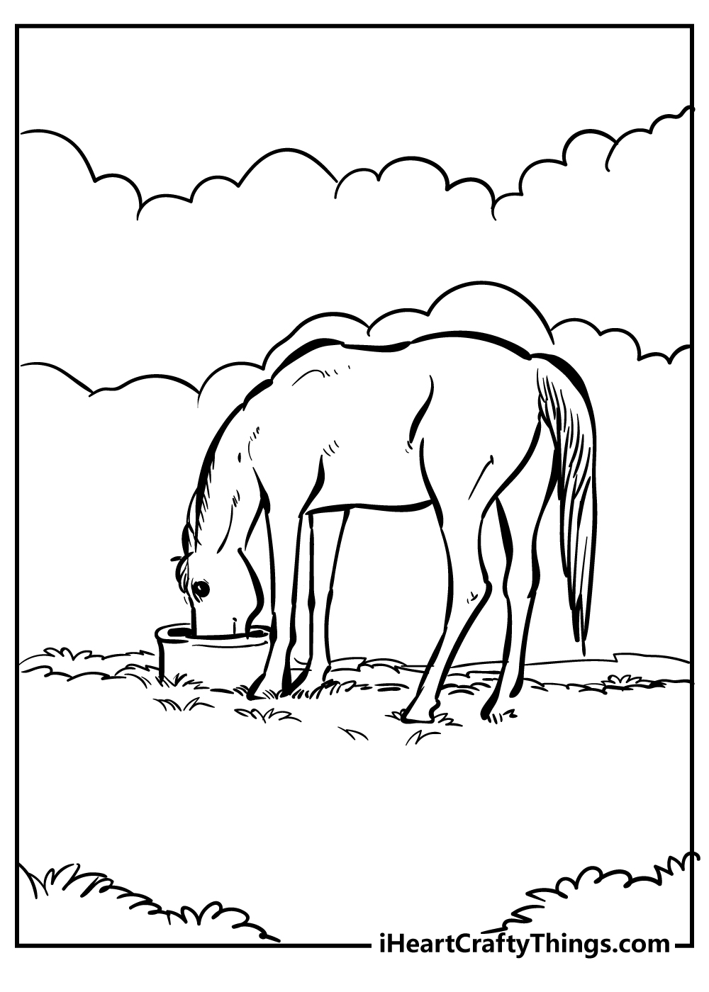 Coloring page of a horse drinking water