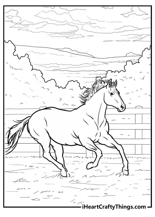 Detailed printable coloring picture presenting nature scene with majestic adult horse on the move