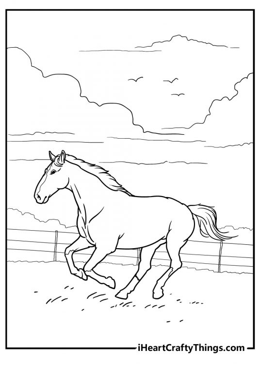 Black-and-white printable page to color featuring realistic horse on a farm setting