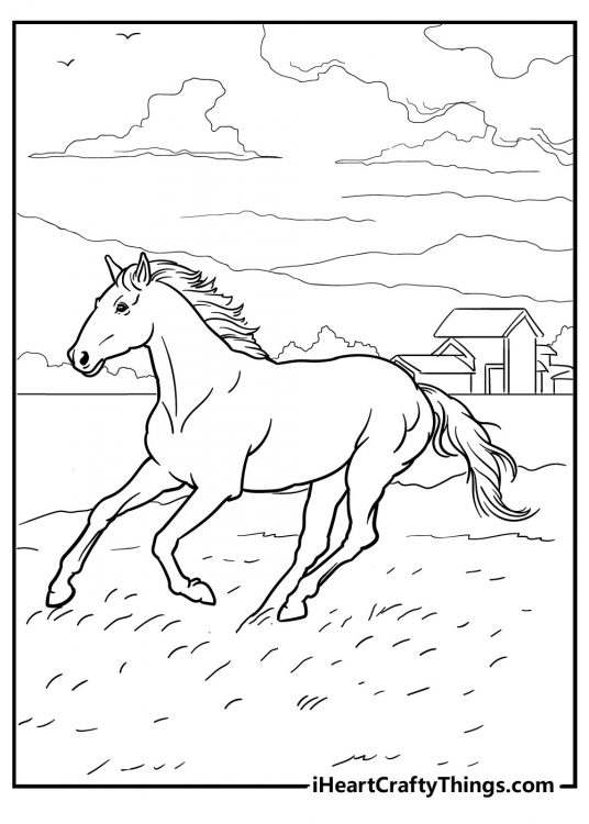 Detailed coloring pictureof a running horse with farm buildings in the background