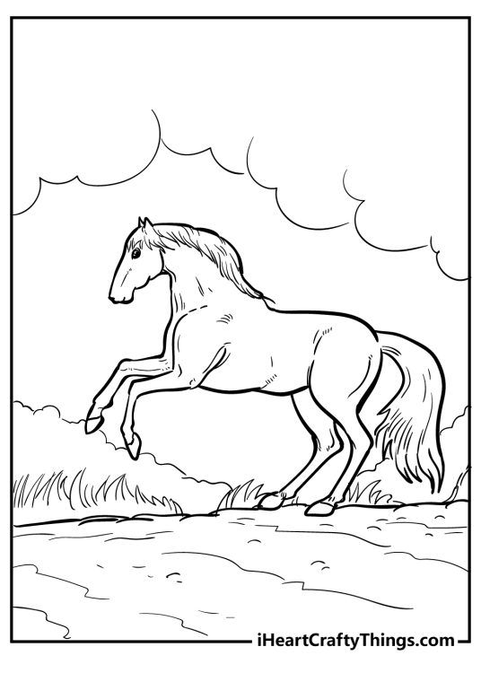 Image featuring realistic horse striking a graceful pose surrounded by grass and clouds
