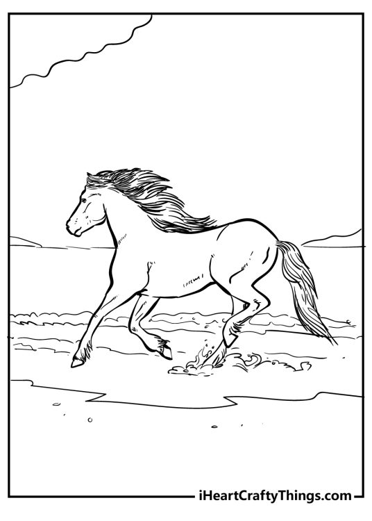 Printable poster depicting horse running along a beach and splashing through the water