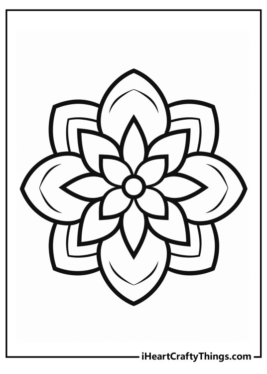 Coloring picture of a mandala with a flower shape in the centre and eight pointed petals
