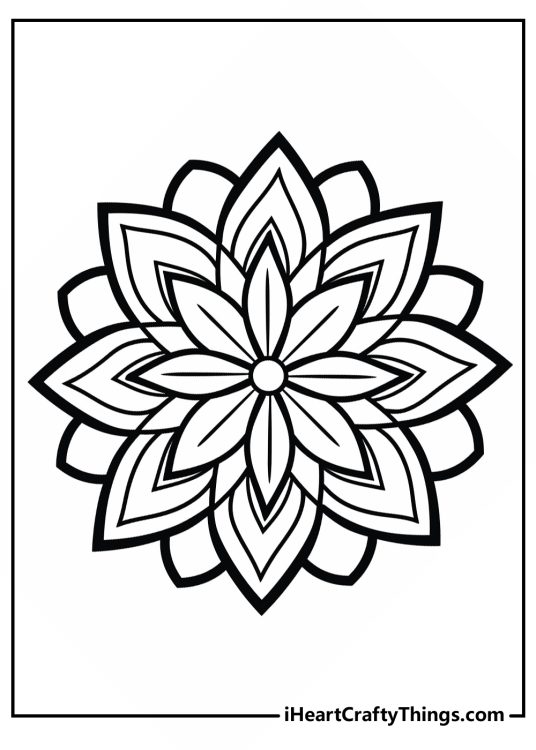 Printable coloring sheet presenting mandala with a small flower with eight petals in the center