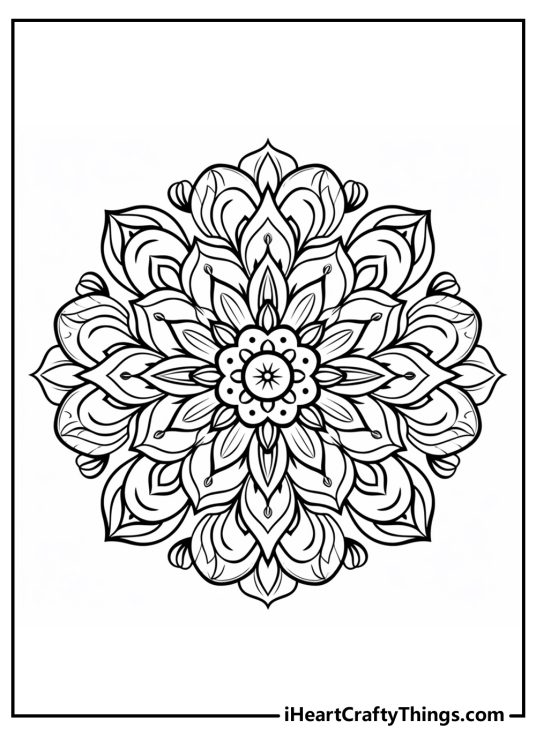 Printable page featuring a flower-like shape mandala with a circular design in the center