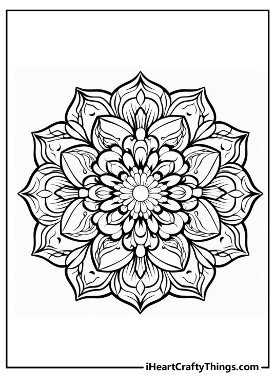 Coloring picture of an intricate mandala with a flower at the centre reminding floral kaleidoscope