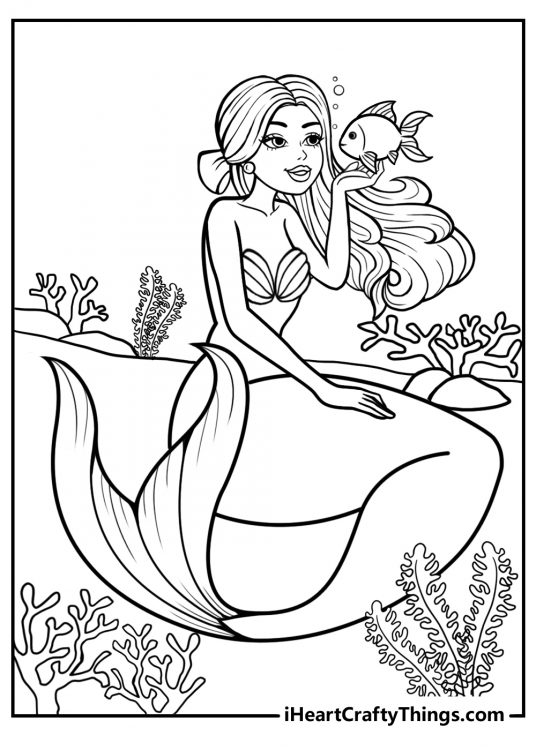 Coloring page for kids of a beautiful mermaid sitting near some coral and holding a little fish on a hand