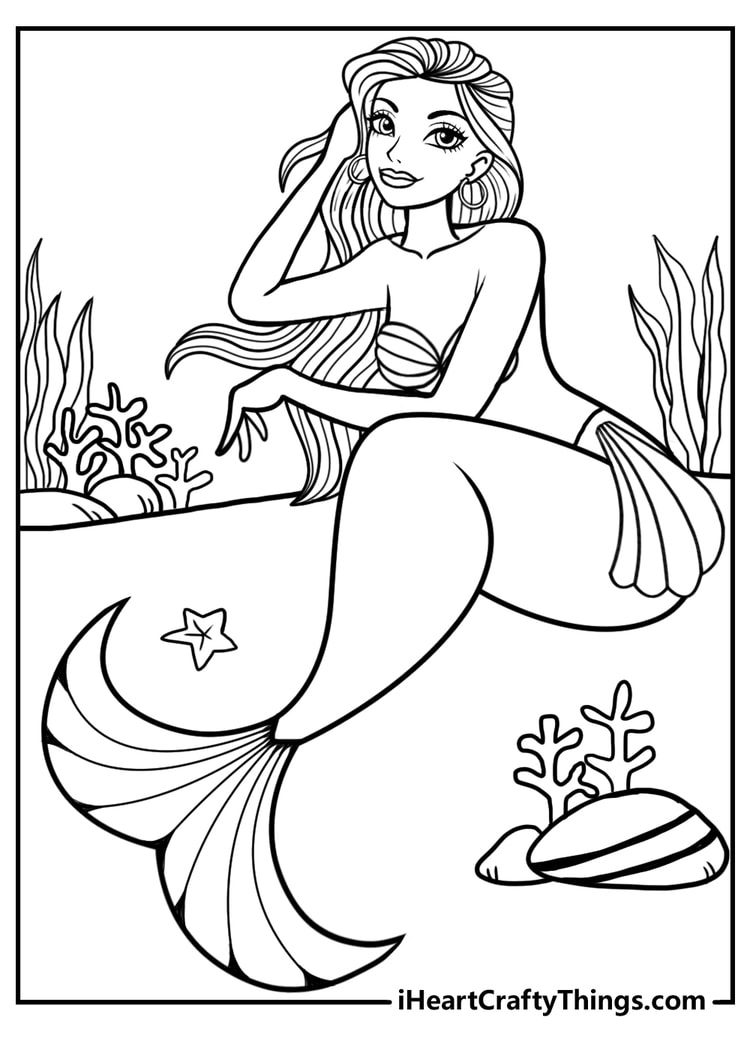 Coloring poster of a stylish mermaid wearing hoop earrings with seaweed, coral and starfish all around her