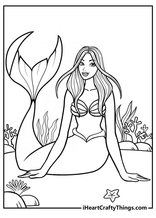 Free coloring printable for adults presenting beautiful mermaid sitting surrounded by water plants