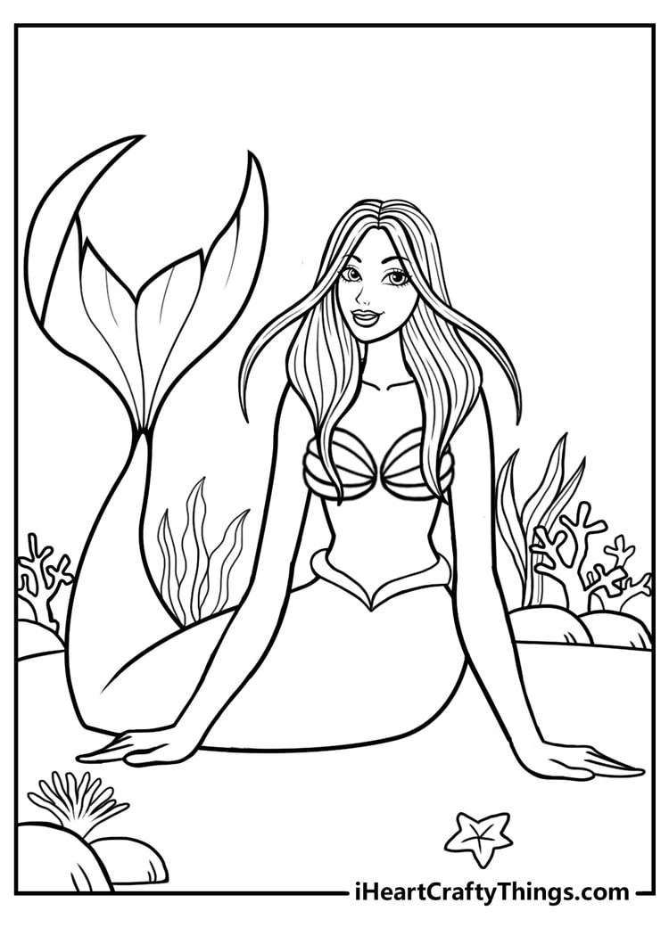 Free coloring printable for adults presenting beautiful mermaid sitting surrounded by water plants