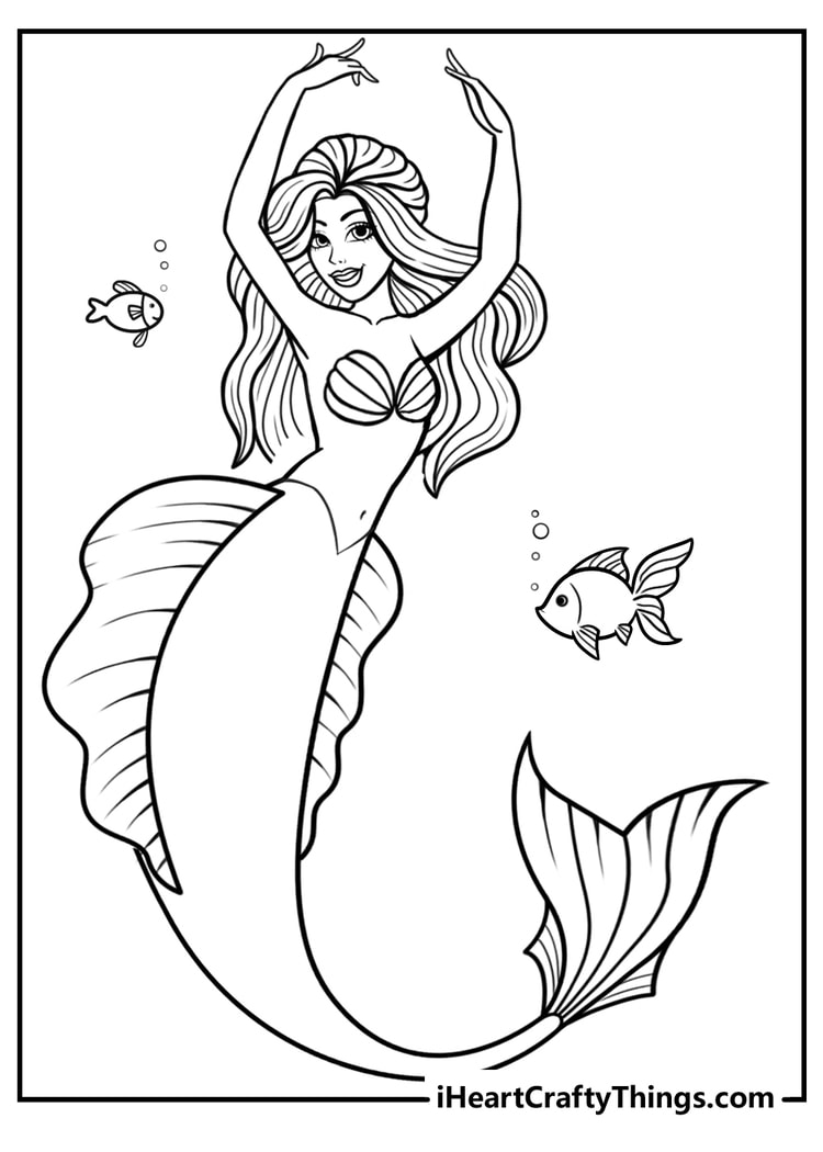 Printable pdf of a mermaid dancing under the sea with her arms above her head surrounded by two fish