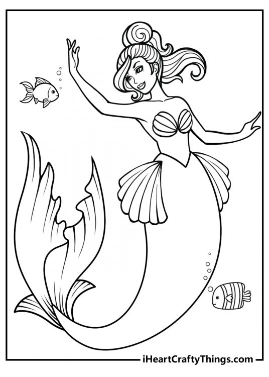 Picture presenting elegant mermaid gracefully extending one arm to a fish coming towards her