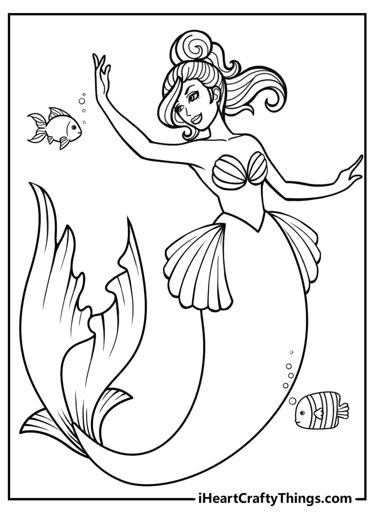 Picture presenting elegant mermaid gracefully extending one arm to a fish coming towards her