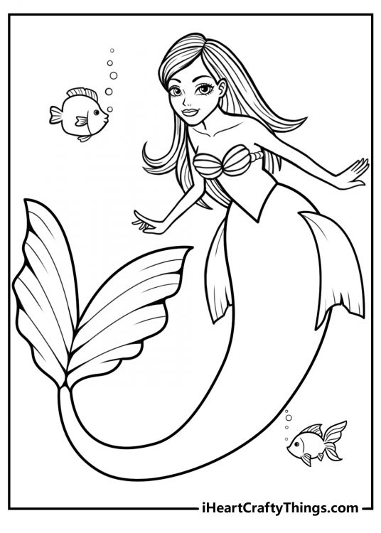 Detailed coloring picture of a mermaid surrounded by two fish who make little bubbles